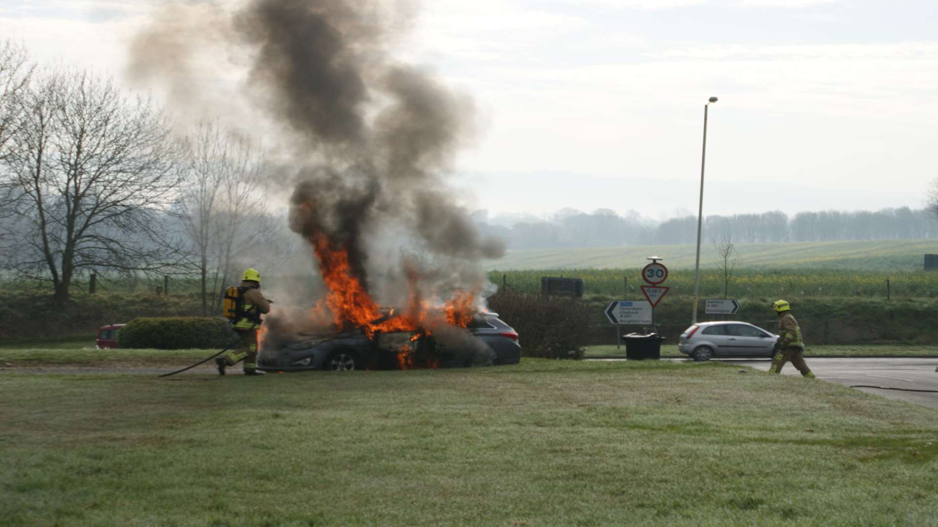 Fire crews tackled the flames. Picture: Sebastian Crowley.