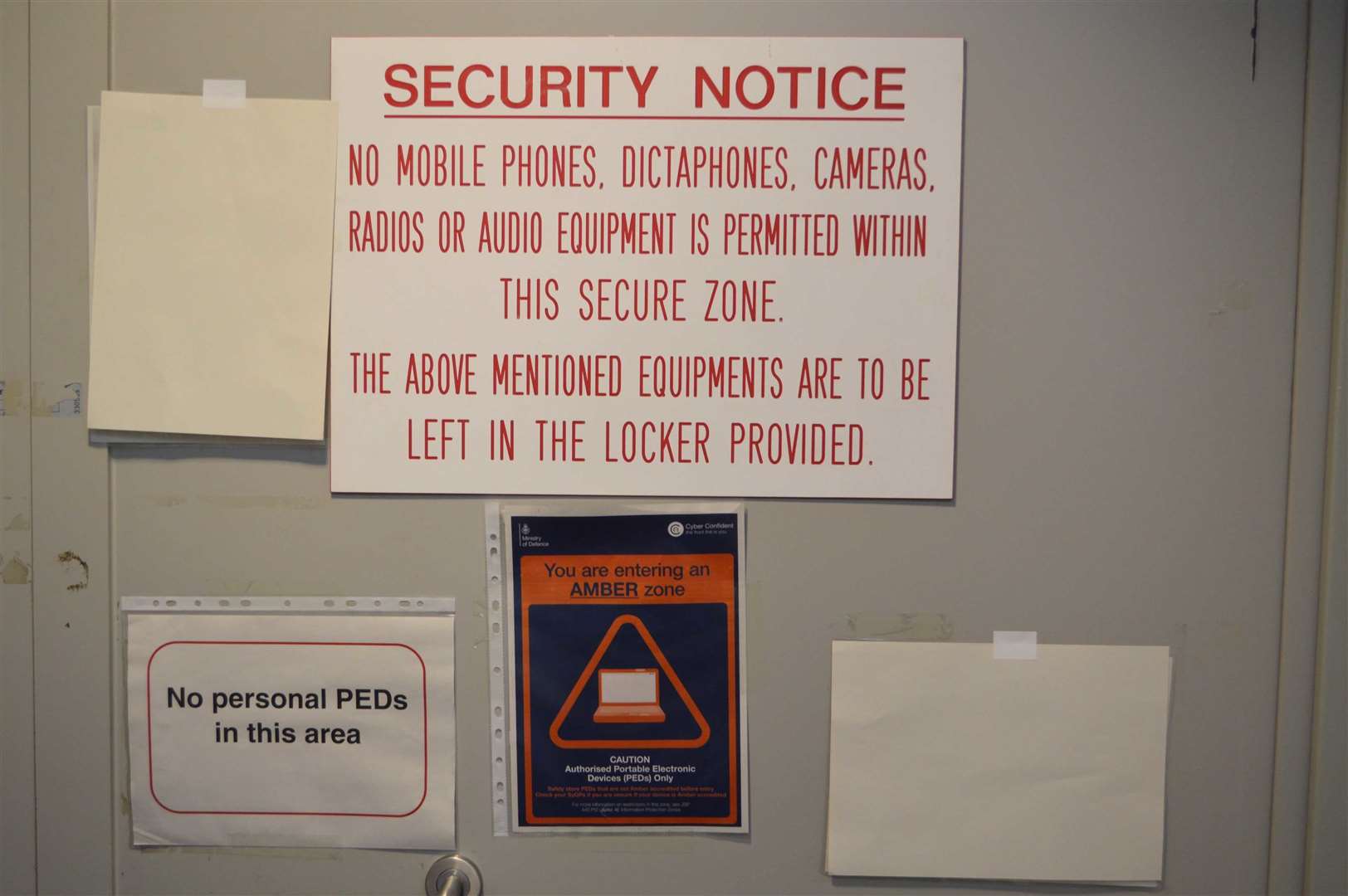 Signs on the door of a secure area at Khalife’s barracks (Metropolitan Police/PA)