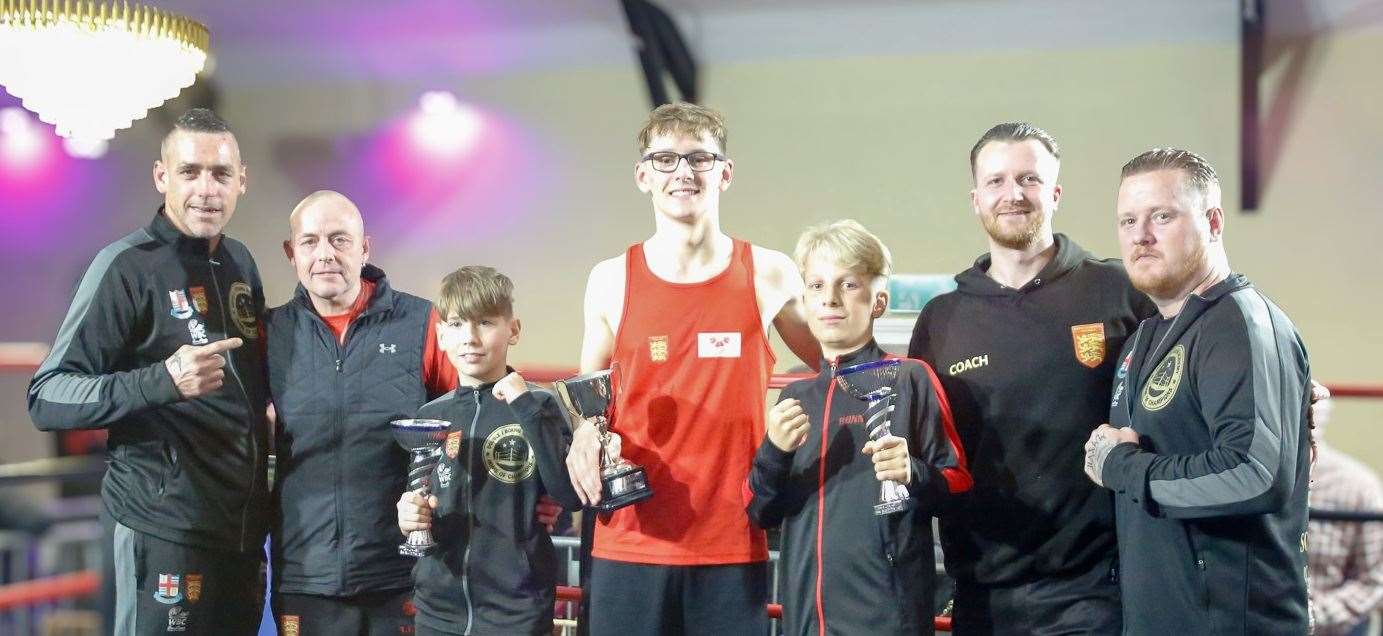 Double J Boxing's Junior Gray-Horwood, Keaton Young and Ronny Heaver in the ring with coaches. Picture: Hemanshu Malaviya/ www.hmphotography.co.uk