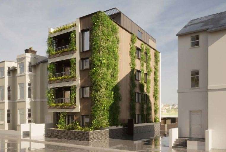 The new flats in West Cliff Gardens will feature vertical planting in an attempt to reflect the wooded landscape of the Parish Church of St Mary & St Eanswythe nearby