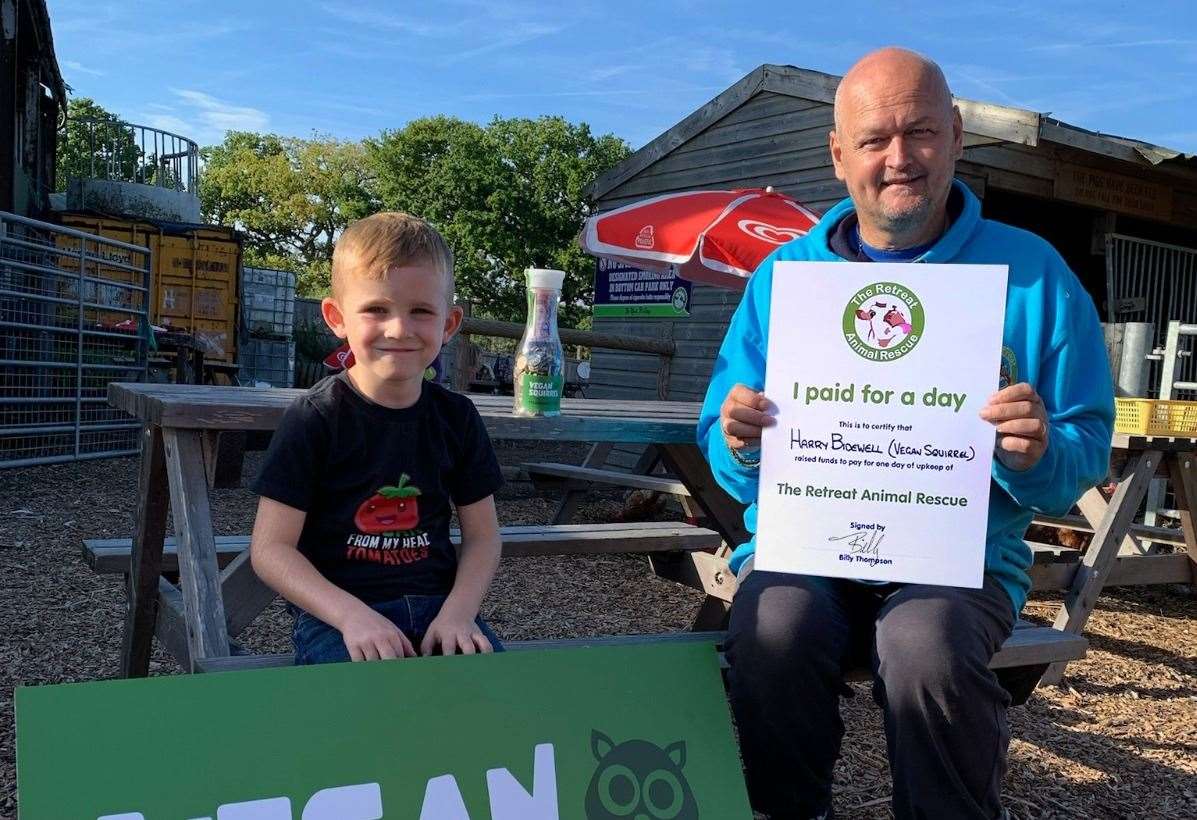 Harry Bidewell, a.k.a. the Vegan Squirrel, with Retreat Animal Rescue owner Billy Thompson