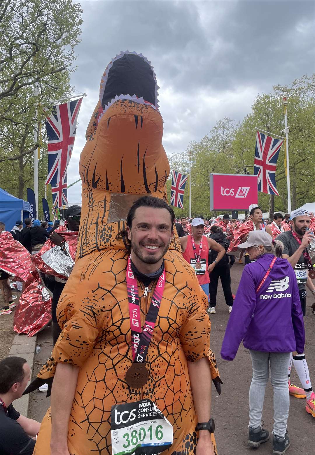 Lee Baynton clocked the fastest ever marathon in an inflatable costume (Samuel Montgomery/PA)