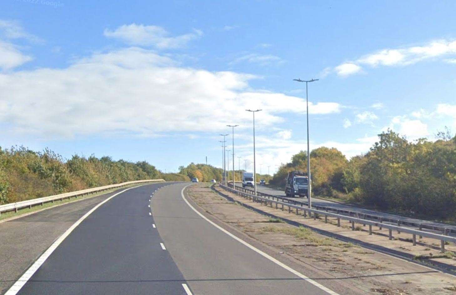 The Thanet Way was closed coastbound near Whitstable due to a van fire. Picture: Google