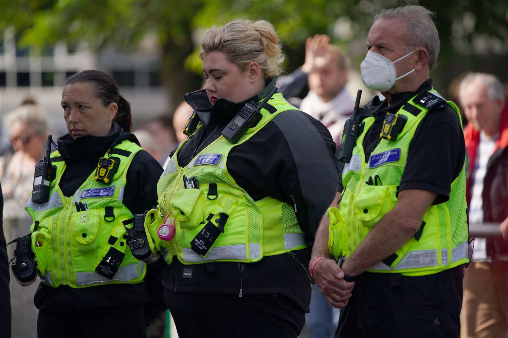 Police officers journed the one minute’s silence in Plymouth city centre (Ben Birchall/PA)