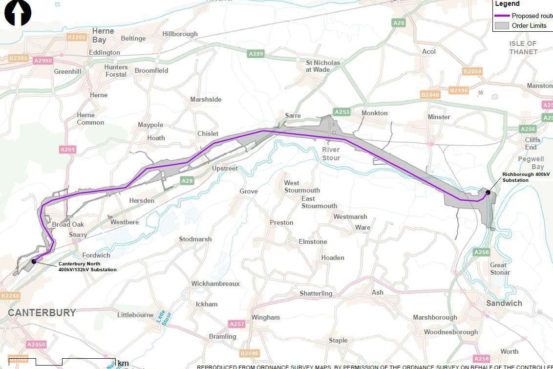 A map of the pylon route from Canterbury to Richborough, near Sandwich