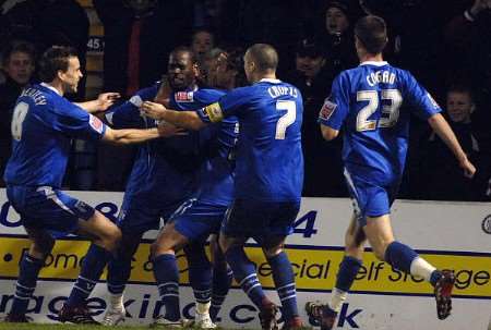 Leroy Griffiths celebrating scoring Gillingham's third goal