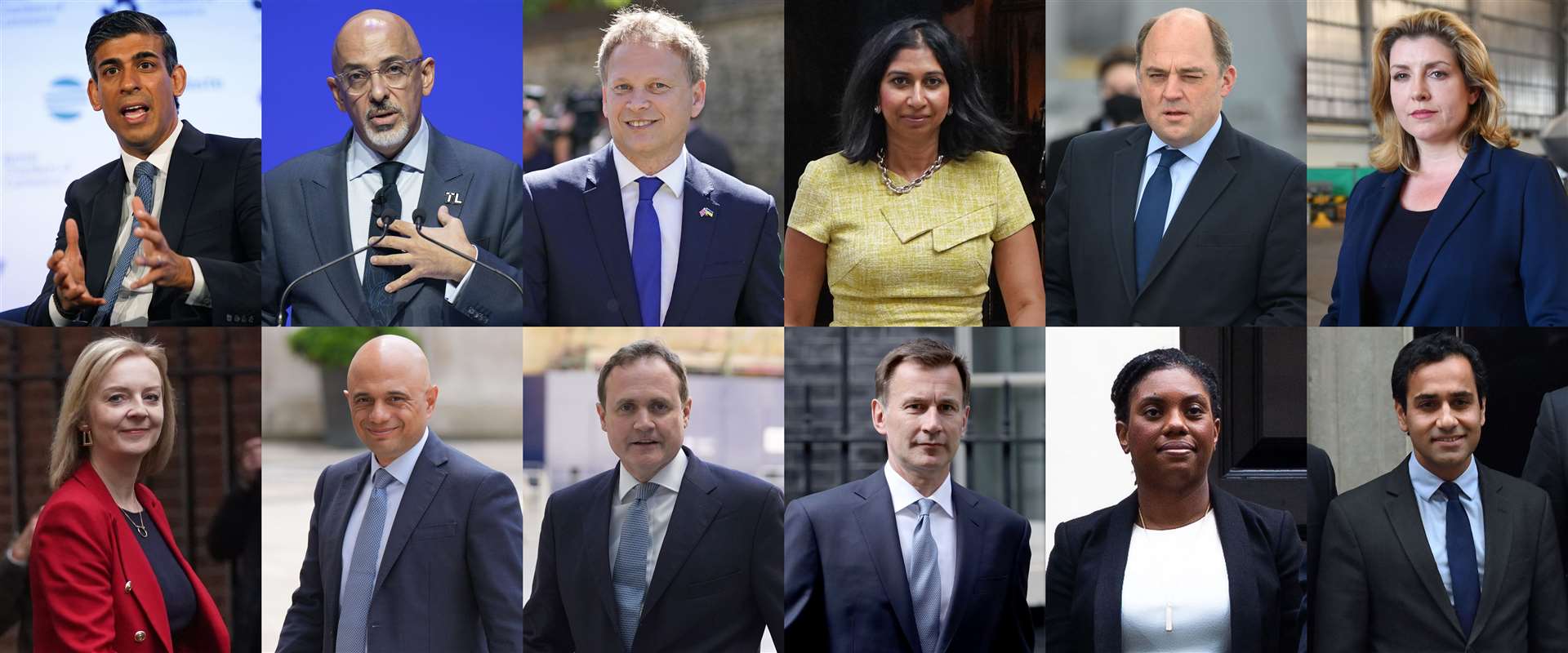 Candidates in the Conservative Party leadership race. (Top, left to right) Former chancellor Rishi Sunak, newly appointed Chancellor of the Exchequer Nadhim Zahawi, Transport Secretary Grant Shapps, Attorney General Suella Braverman, Defence Secretary Ben Wallace, and Penny Mordaunt, (bottom, left to right) Foreign Secretary Liz Truss, former health secretary Sajid Javid, Tom Tugendhat, Jeremy Hunt, Kemi Badenoch and Rehman Chishti (PA)