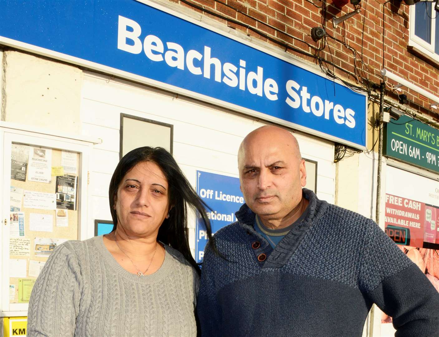 Mr Patel with wife Stella at Beachside Stores in St Mary's Bay in 2018; they sold the store two years later