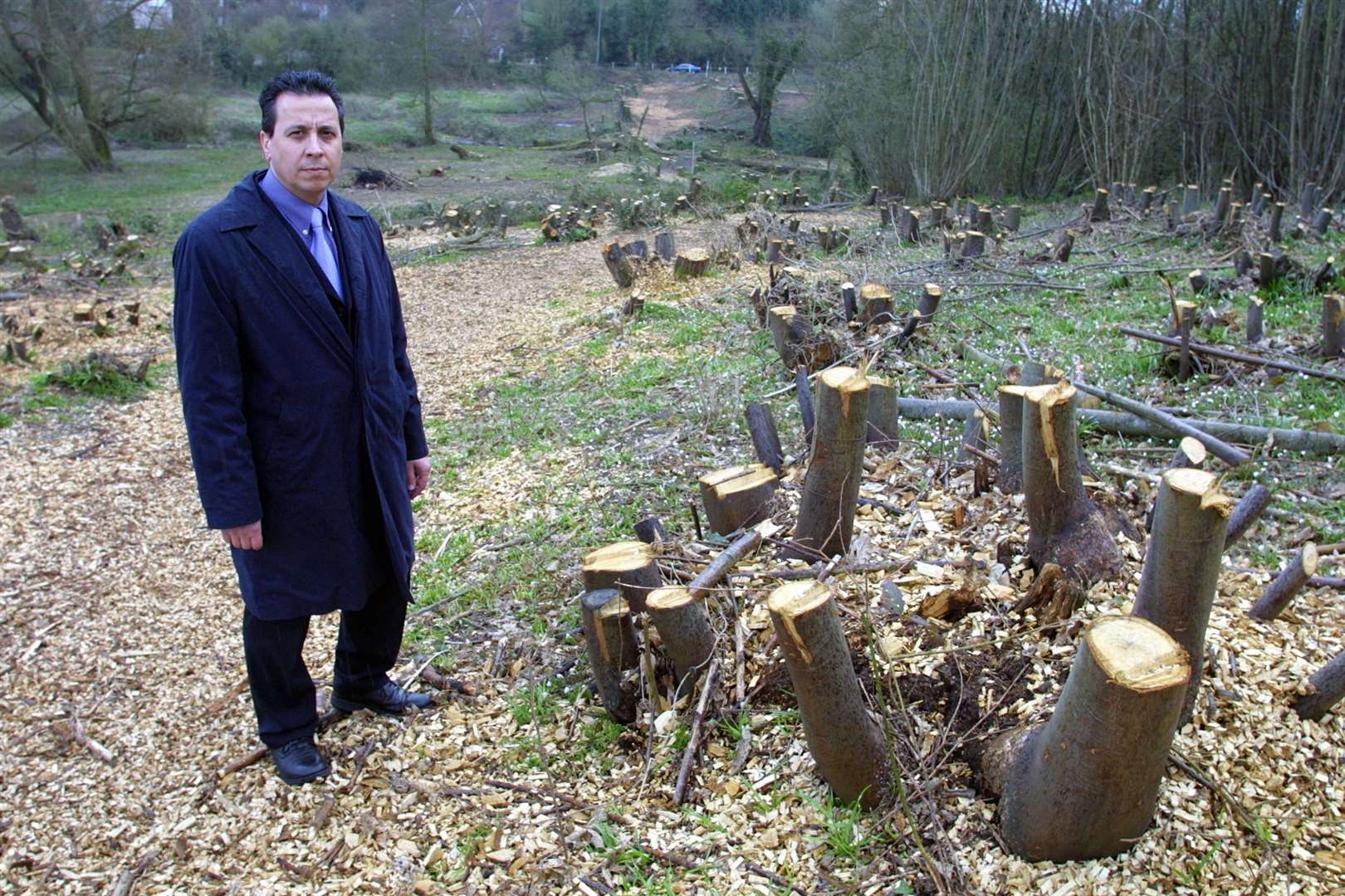 Floyd Carroll, who campaigned against the loss of countryside, standing amongst the remains of Leybourne Wood