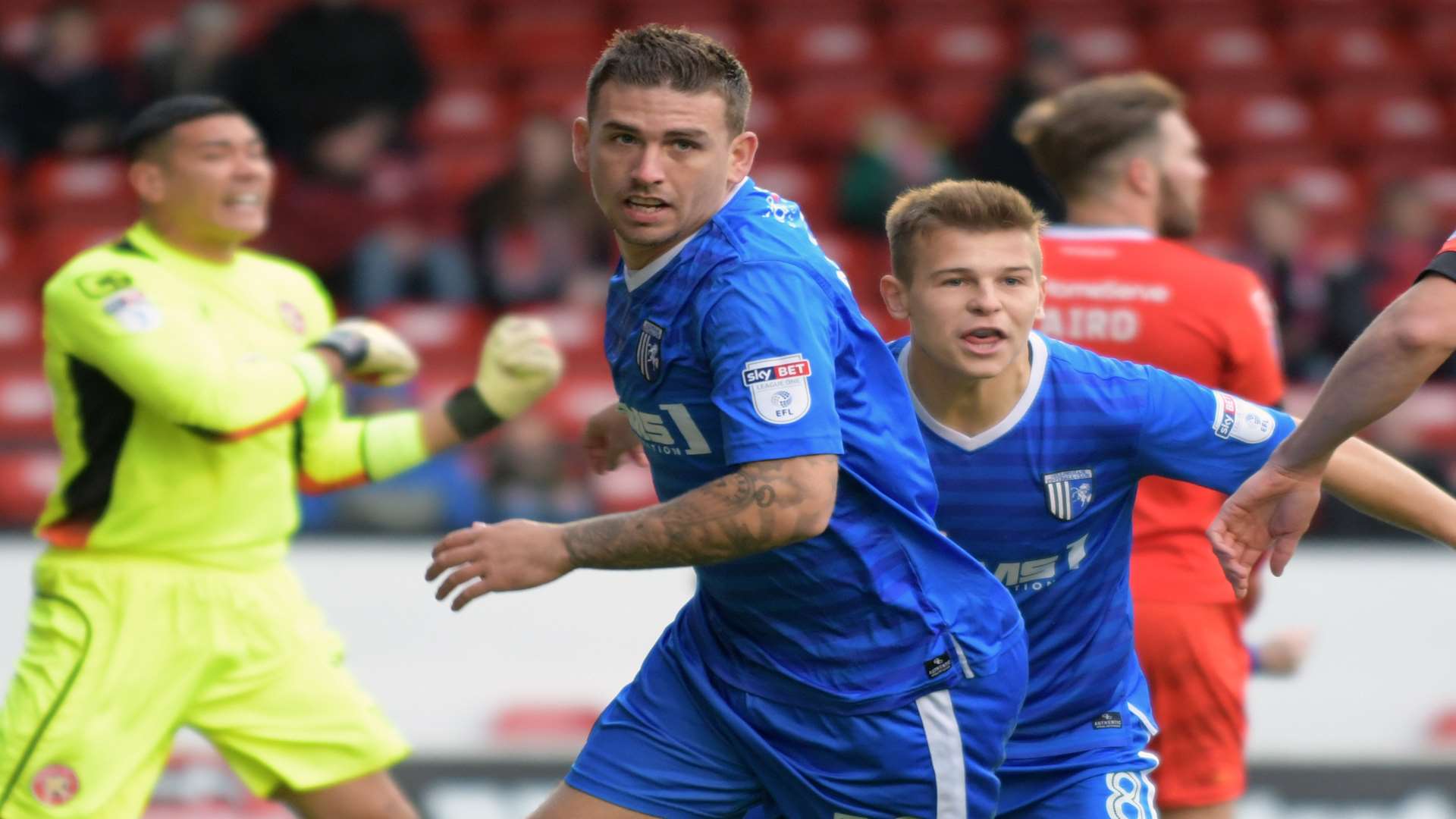 Cody McDonald celebrates his second-minute opener at Walsall Picture: Barry Goodwin