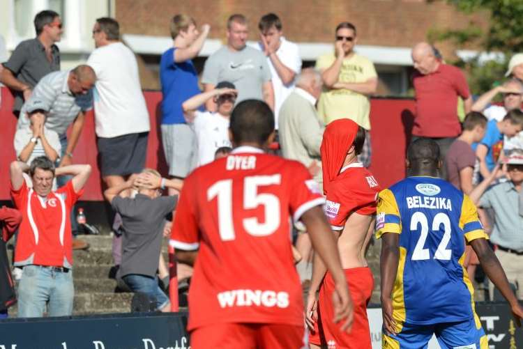 Welling's Joe Healy after he put his penalty wide against Salisbury Picture: Keith Gillard