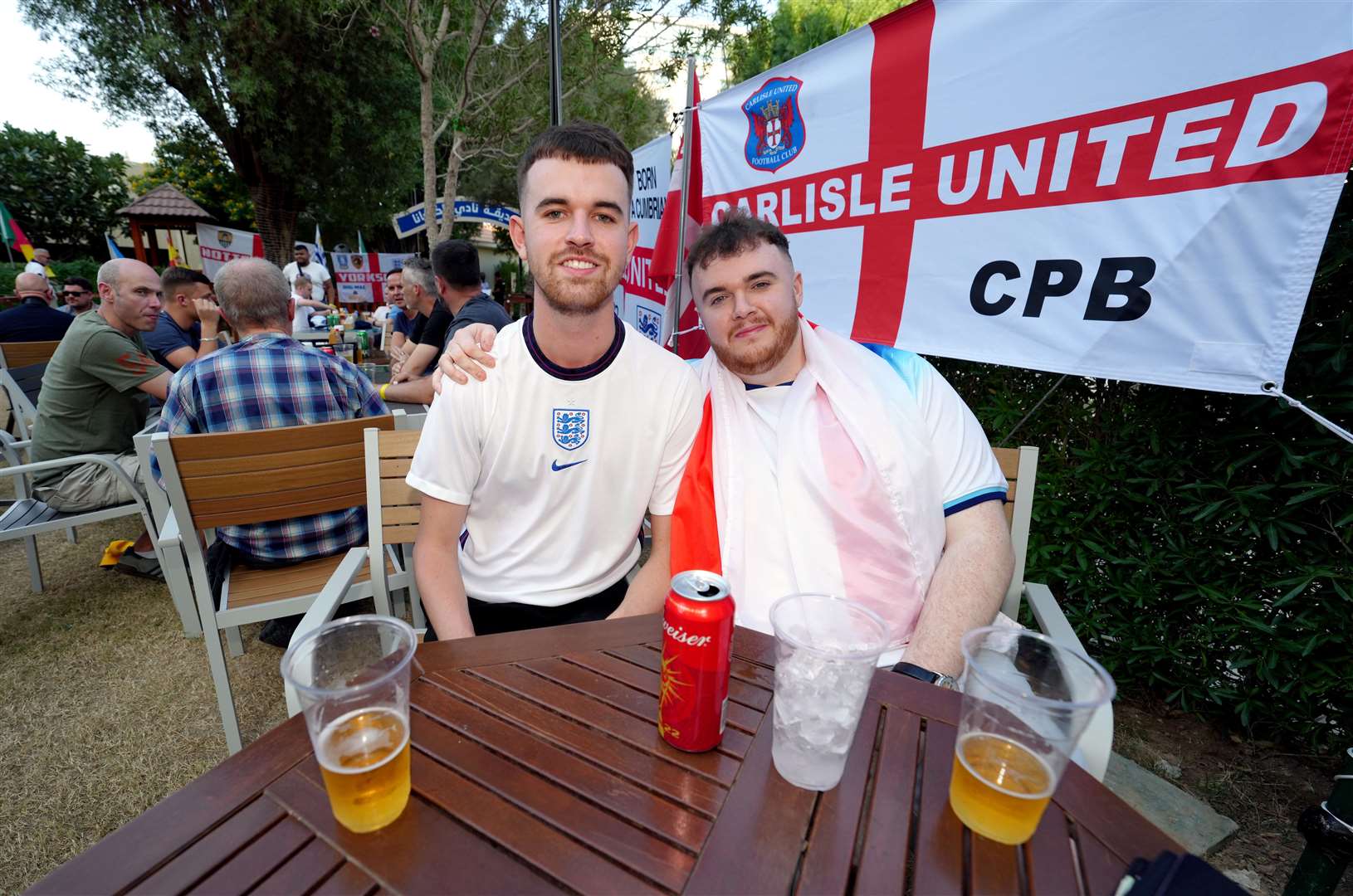 England fans Hayden Smith and Joe Parker, from Essex, at the Cabana Hop Garden in Doha, ahead of kick-off (Nick Potts/PA)