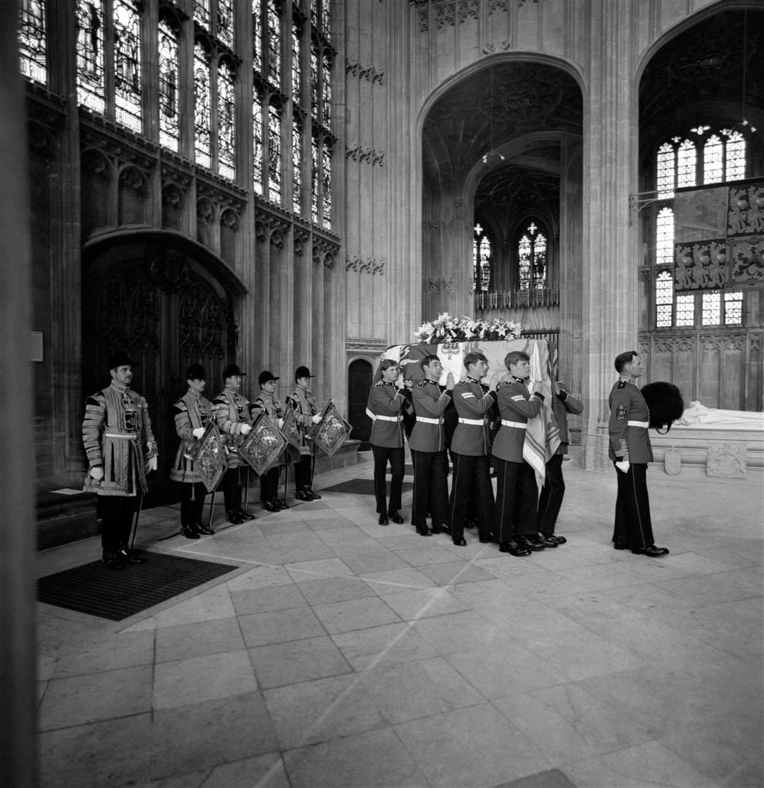 Bearers of the Prince of Wales Company, first Battalion Welsh Guards, carrying the coffin of the Duke of Windsor for the funeral service in St George’s Chapel, Windsor Castle, 1972 (PA Archive/PA)