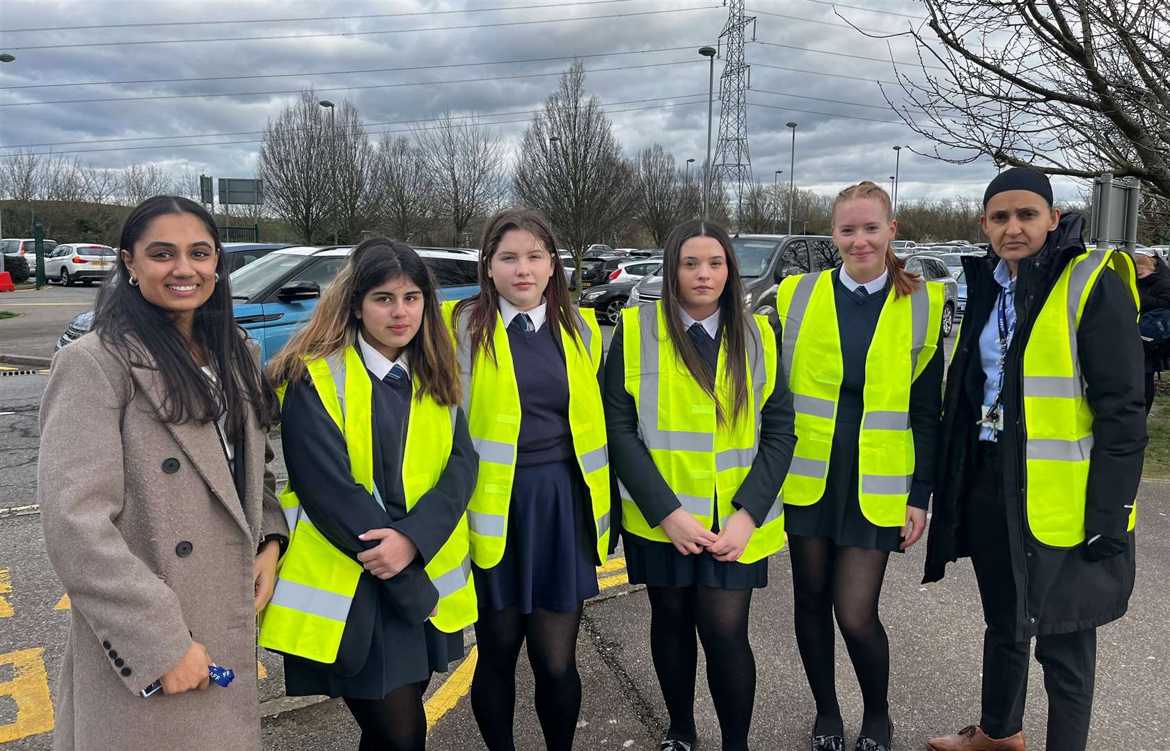 From left: Citizenship teacher Miss Patel, Simona Mockeviciute, Hayley West, Shannon Street, Ruby Tinsley and principal Ms Gurjit Kaur Shergill