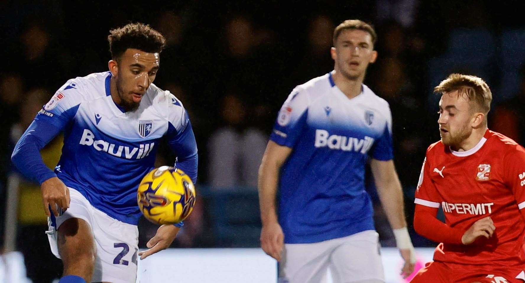 Remeao Hutton in action in Gillingham’s 2-2 League 2 draw at home to Swindon on Tuesday. Picture: @Julian_KPI