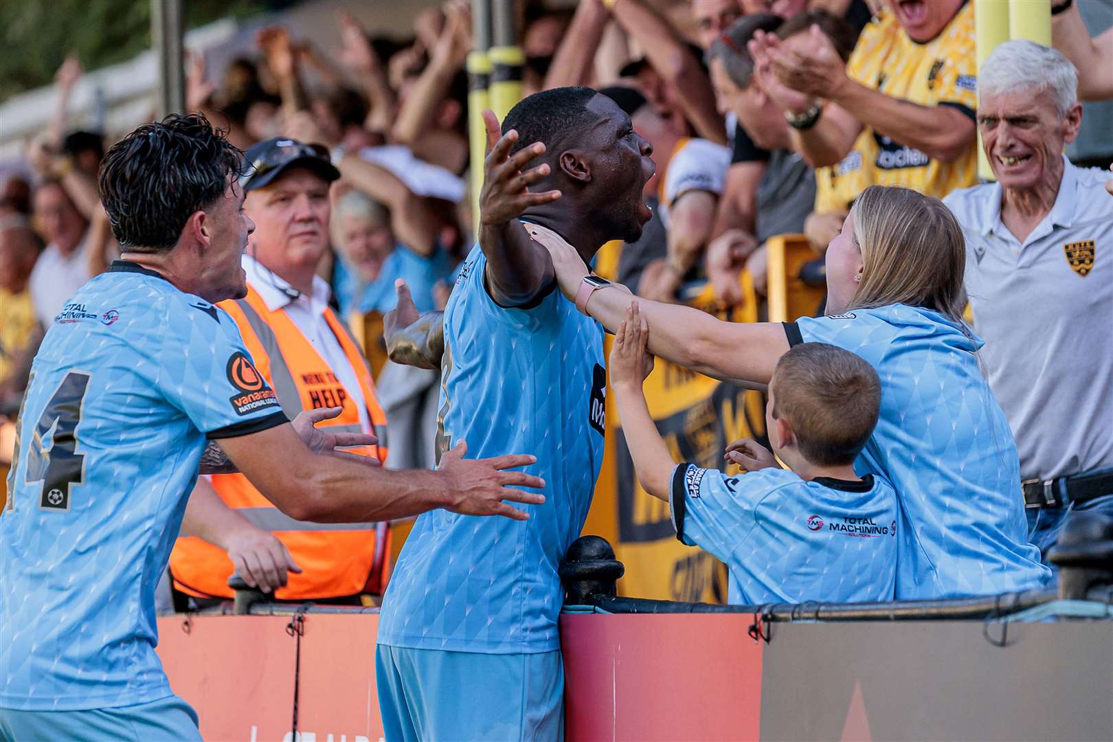 Delight for Temi Eweka in front of the travelling Maidstone fans. Picture: Helen Cooper