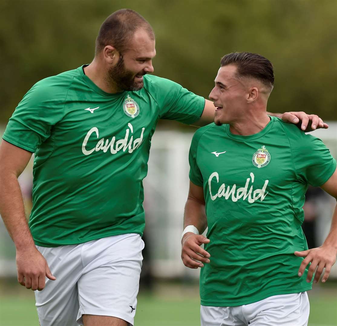 Two-goal Gary Lockyer celebrates with fellow forward Louis Collins as Ashford beat Egham in the FA Cup. Picture: Ian Scammell.