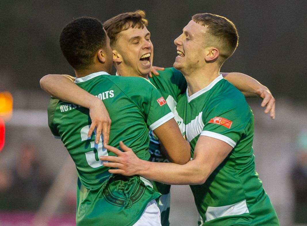 Johan ter Horst, centre, celebrates scoring Ashford's second goal Picture: Ian Scammell