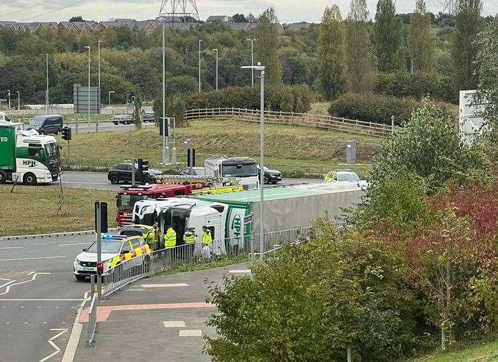 The lorry on its side in Ackers Drive, Ebbsfleet