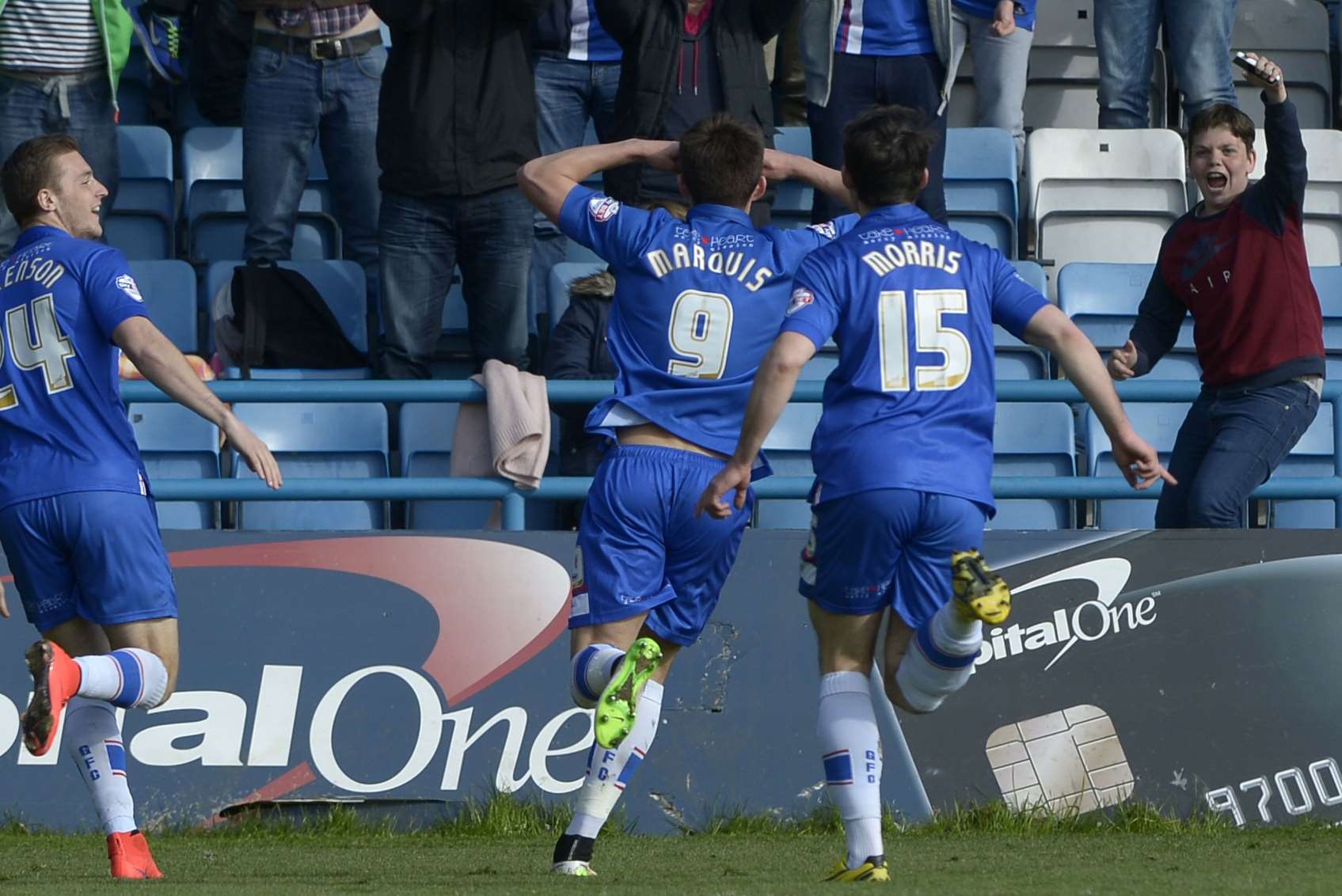 John Marquis is congratulated by team-mates after his 72nd-minute winner against Bradford Picture: Barry Goodwin