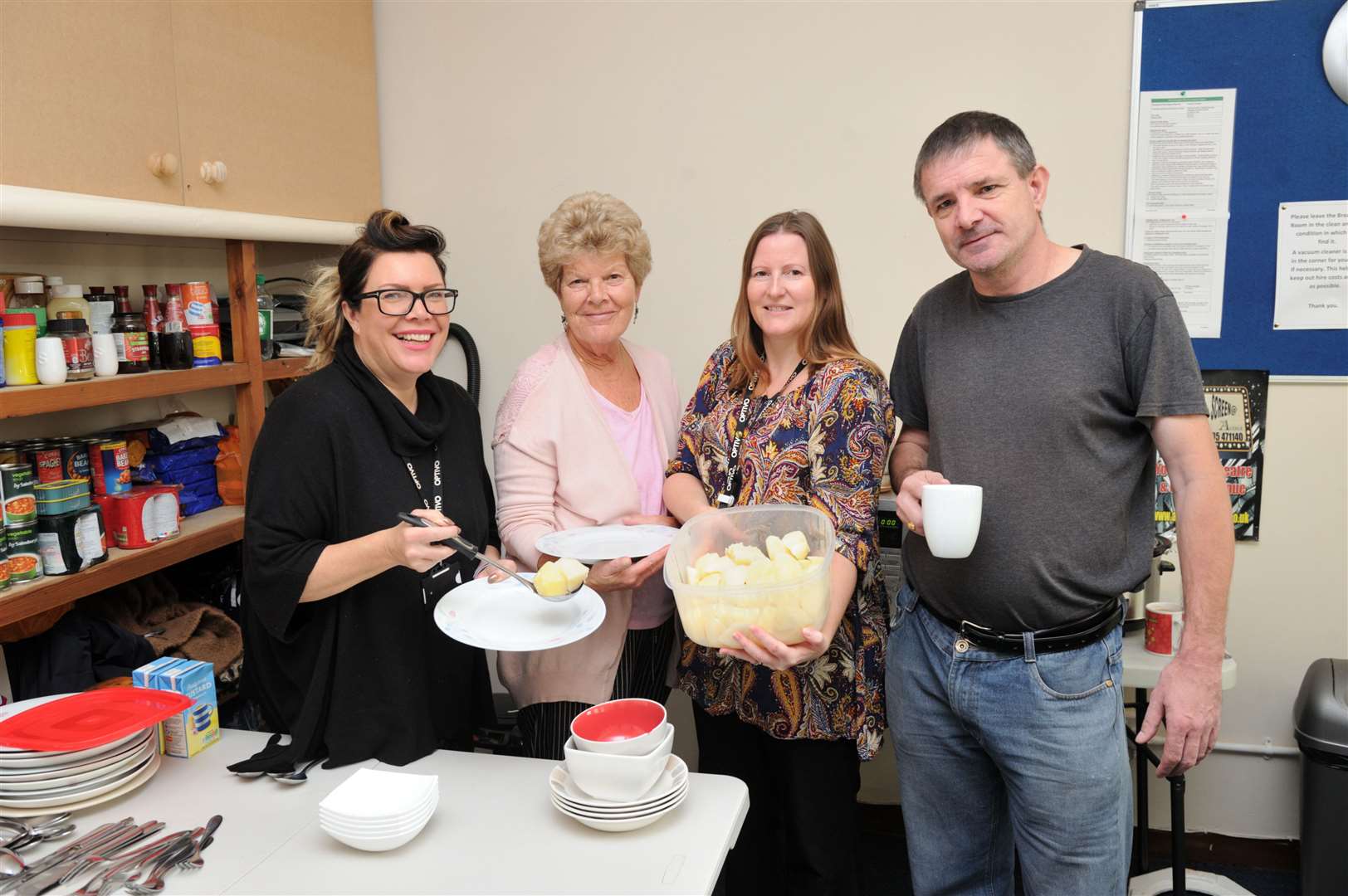 volunteers Gemma Tydeman, Frances Davis, Claire Cunningham and Tony Cooper at The Food Kitchen upstairs at the Avenue Theatre Sittingbourne. Picture: Simon Hildrew