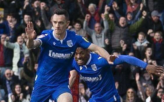 Gillingham midfielder Shaun Williams celebrating one of his three goals this season