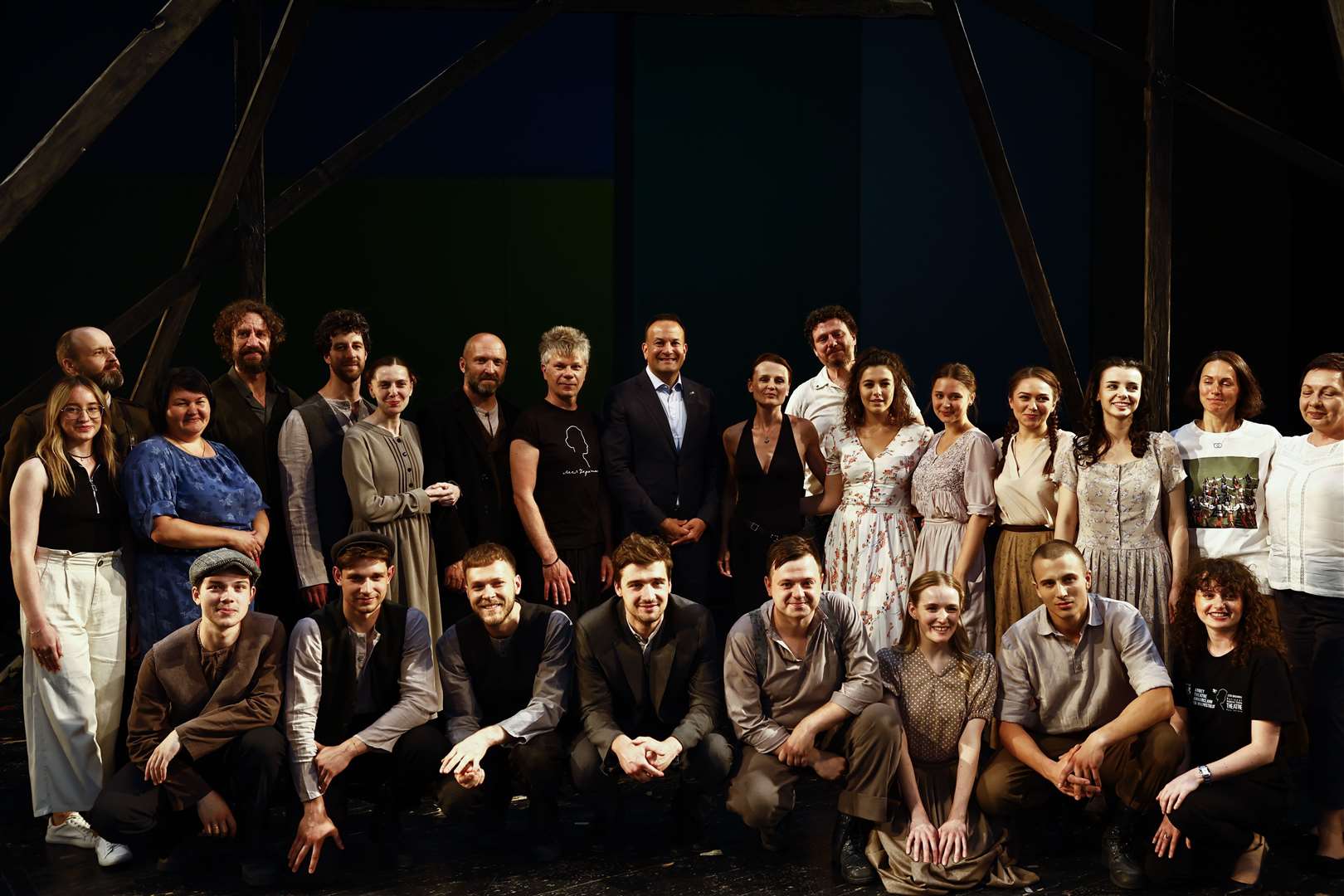 Taoiseach Leo Varadkar with actors during a visit to Lesya Ukrainka Theatre following a meeting with Ukraine’s President Volodymyr Zelensky, in Kyiv, Ukraine (Clodagh Kilcoyne/PA)