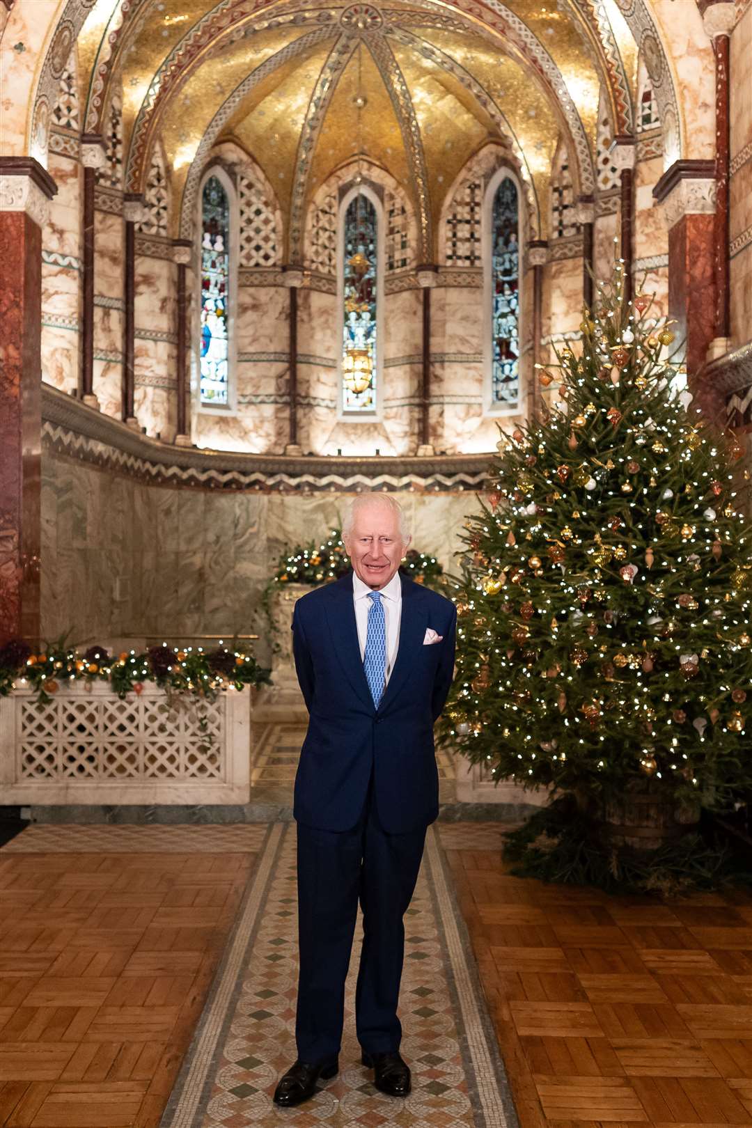 The King during the recording of his Christmas message at Fitzrovia Chapel in central London (Aaron Chown/PA)