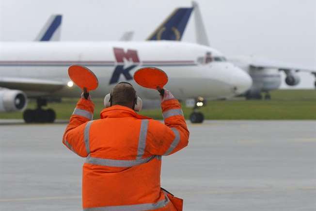 Ground grew taxi a plane at Manston airport. Picture: Simon Burchett