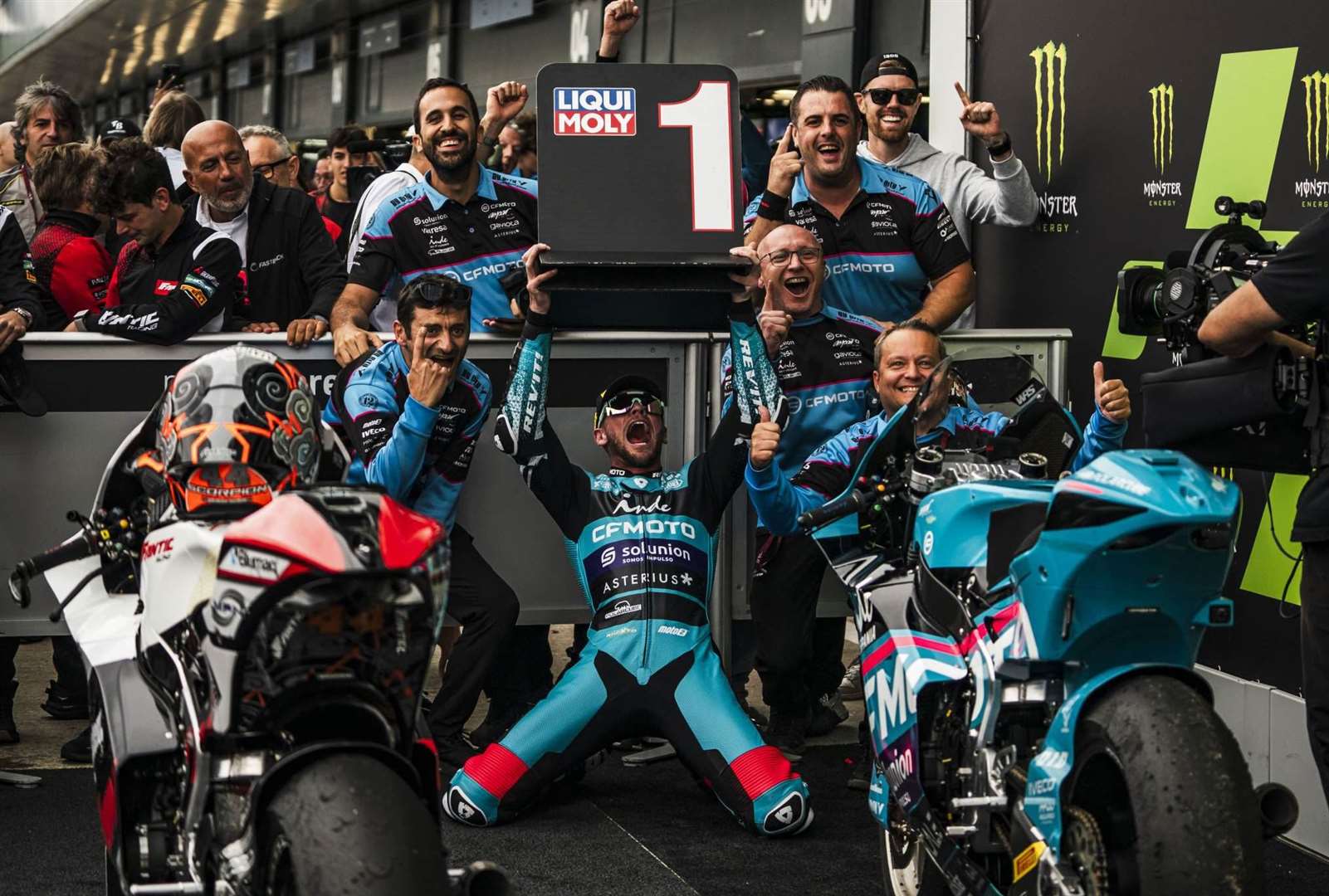 Dover's Jake Dixon celebrates victory in the Moto2 British Grand Prix at Silverstone. Picture: Aspar Team