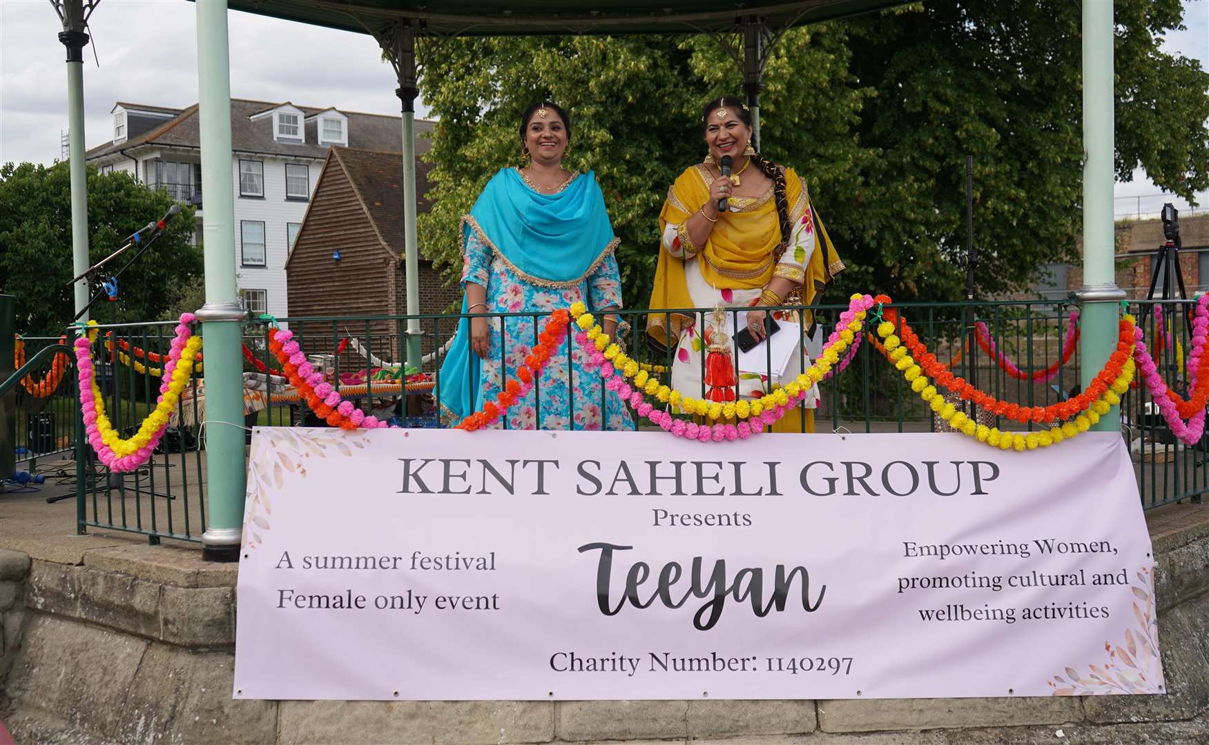 Sandeep Khatkar, general secretary, left, and Manpreet Kingra, chairperson, thank women for attending Teeyan