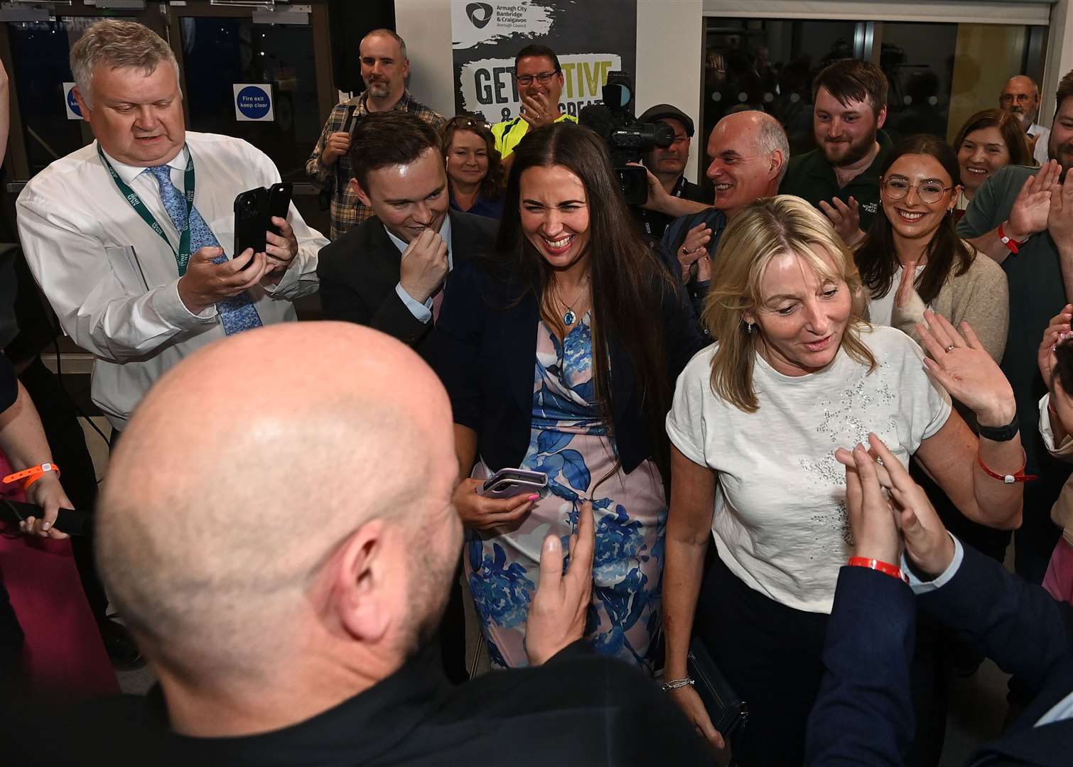 Sorcha Eastwood celebrates at the South Lake Leisure Centre in Craigavon, Co Armagh, after winning the Lagan Valley constituency (Oliver McVeigh/PA)