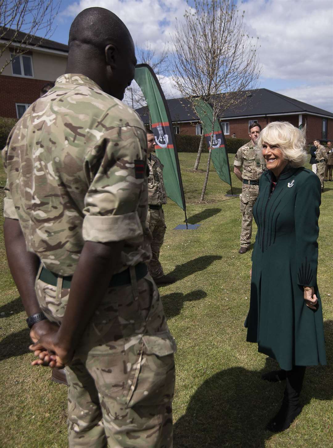 Camilla chatted with Colour Serjeant Jerry Wiredu, who was selected to take part in the Duke of Edinburgh’s funeral at Windsor Castle (Eddie Mullholland/The Daily Telegraph/PA)