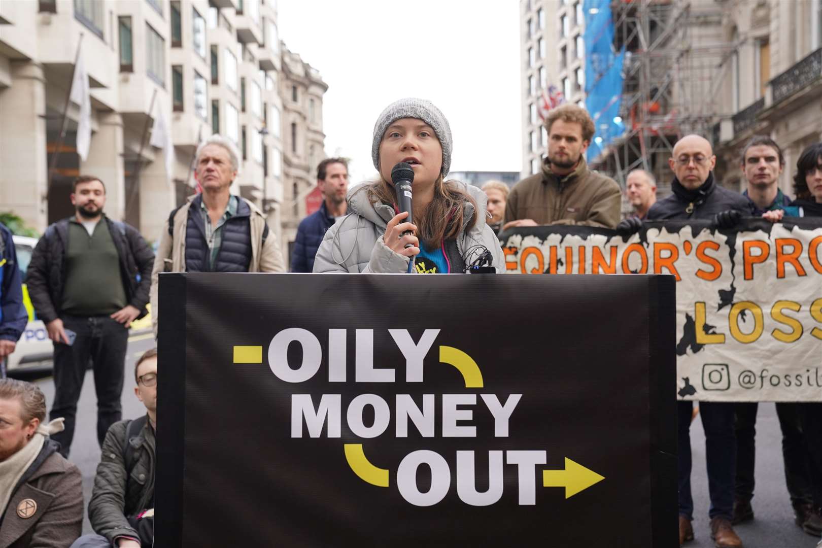 Greta Thunberg joins protesters from Fossil Free London outside the InterContinental in central London (Lucy North/PA)