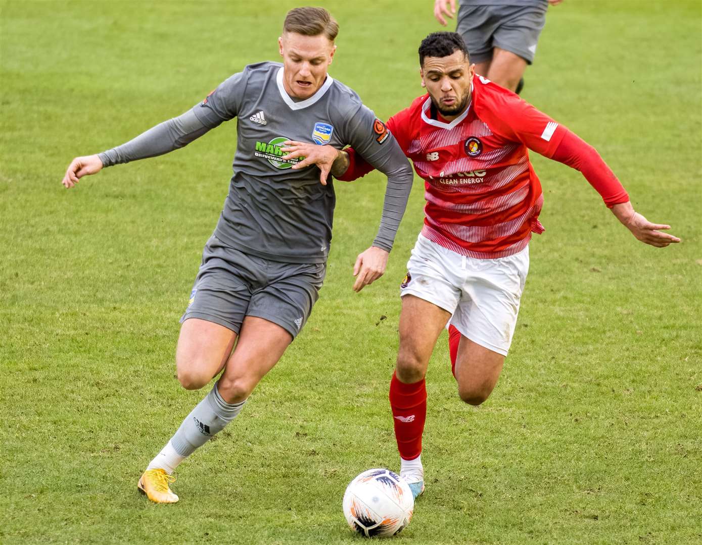 Debutant Billy Clifford battles for Ebbsfleet against Concord on Saturday. Picture: Ed Miller/EUFC