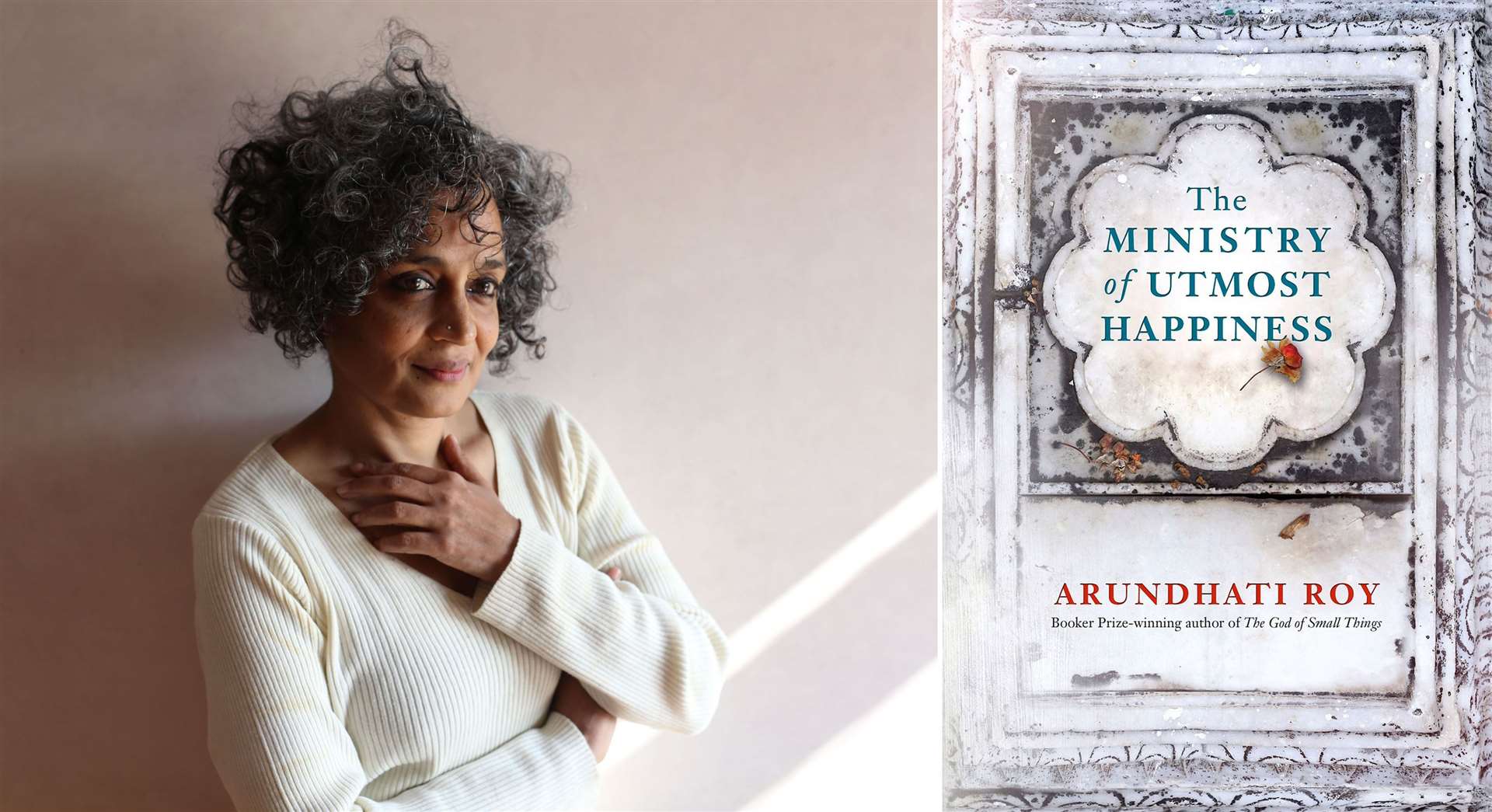 Arundhati Roy and the cover of her second novel, The Ministry Of Utmost Happiness (Mayank Austen Soof/Booker/PA)