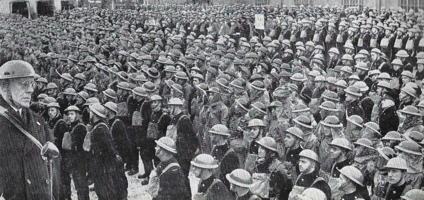 Sir Auckland Geddes, civil defence chief for the South East region, addresses ARP volunteers at HMS Pembroke, Chatham