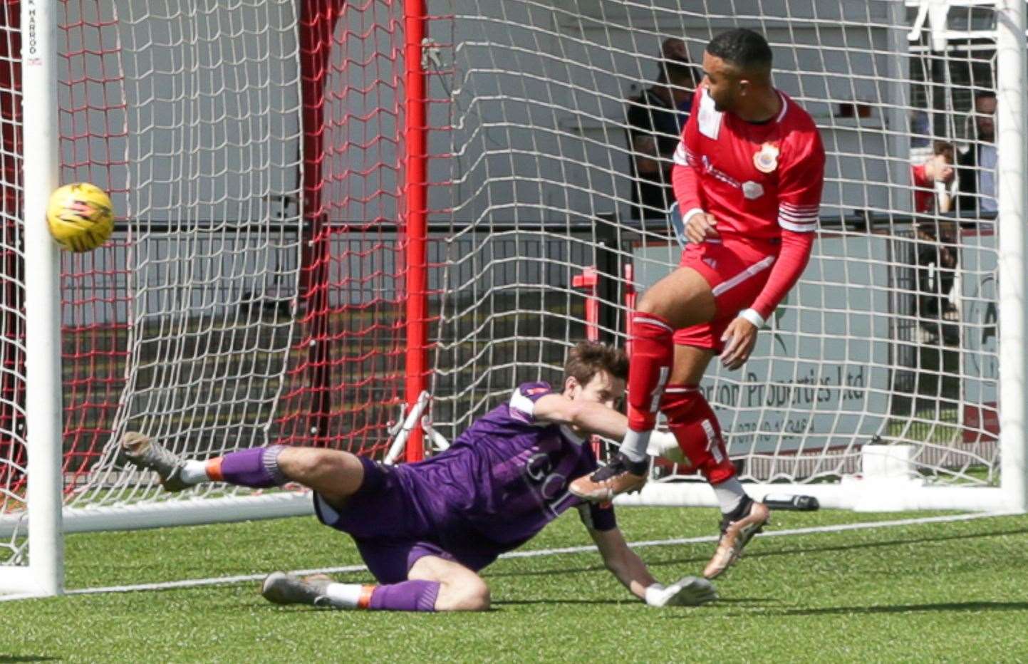 Whitstable's Dean Grant hits the post. Picture: Les Biggs