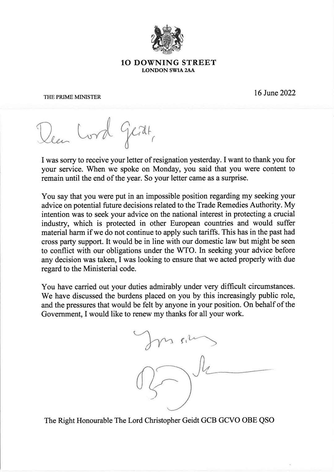 A Downing Street handout photo of the resignation letter by Boris Johnson to Lord Christopher Geidt (Downing Street/PA)