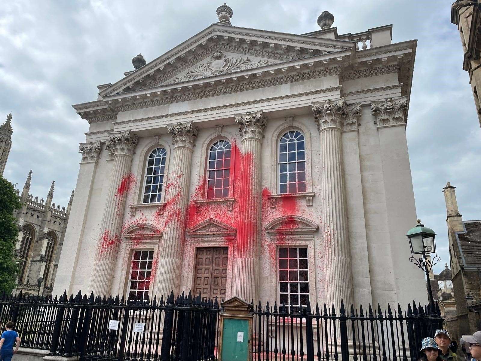 Senate House in Cambridge after pro-Palestinian protesters sprayed red paint on the historic building (Jane Woodward/PA)