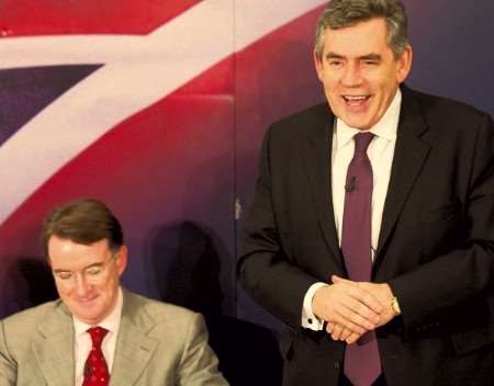 Gordon Brown addresses an audience at Kent Science Park, with Peter Mandelson in the background. Picture: John Westhrop
