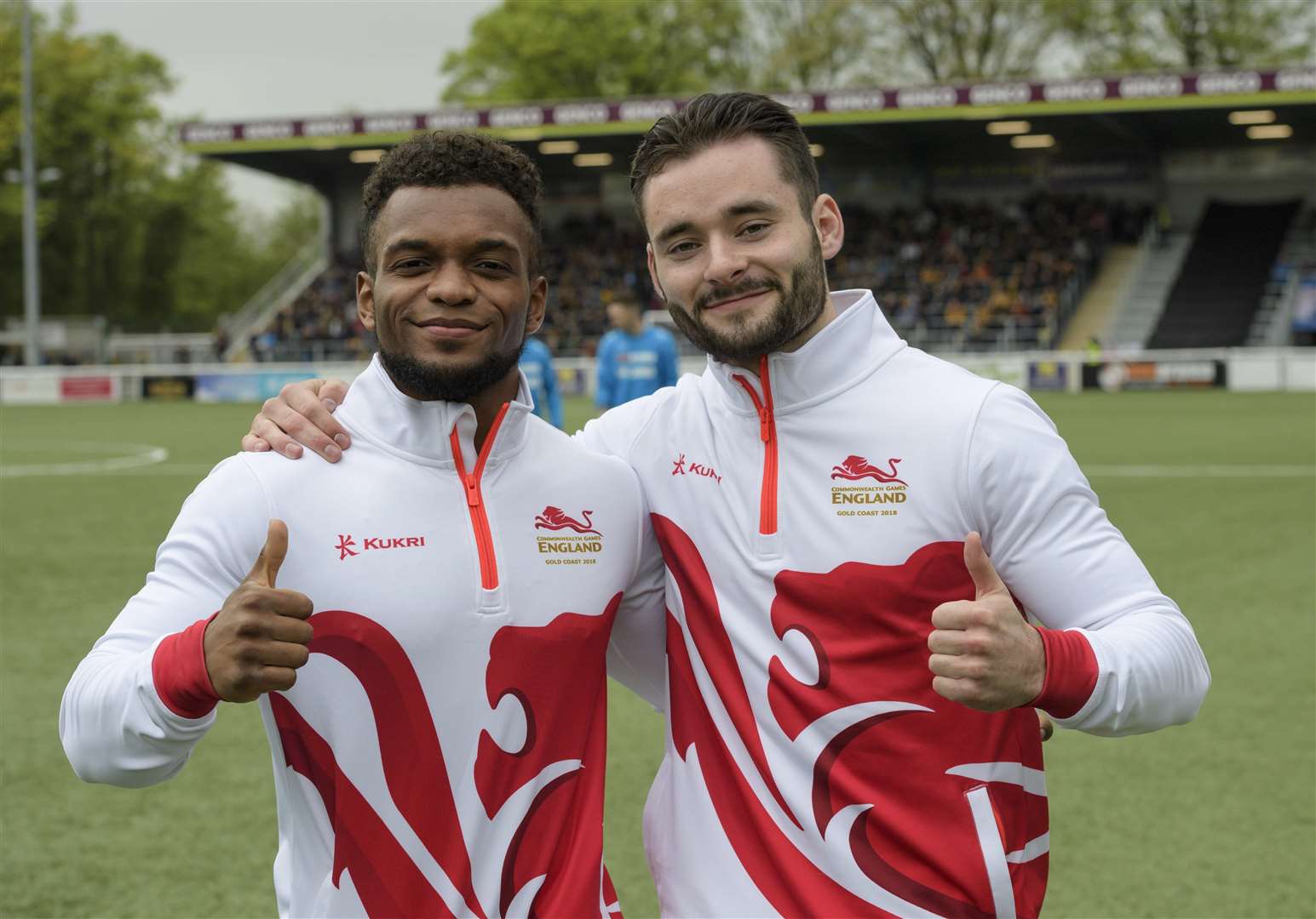 Maidstone's Commonwealth champion gymnasts, Courtney Tulloch and James Hall, led the sides out at the Gallagher Picture: Andy Payton