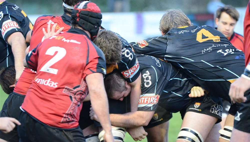 Canterbury pile forward against Redruth (red)