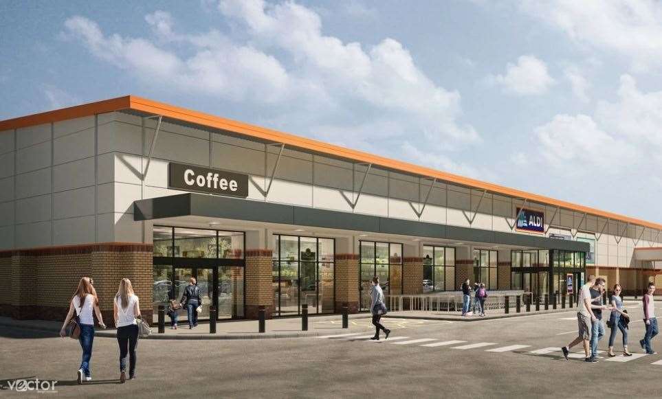 An artist's impression of the proposed new Aldi in Sturry Road - a tenant is yet to take on the coffee shop next door