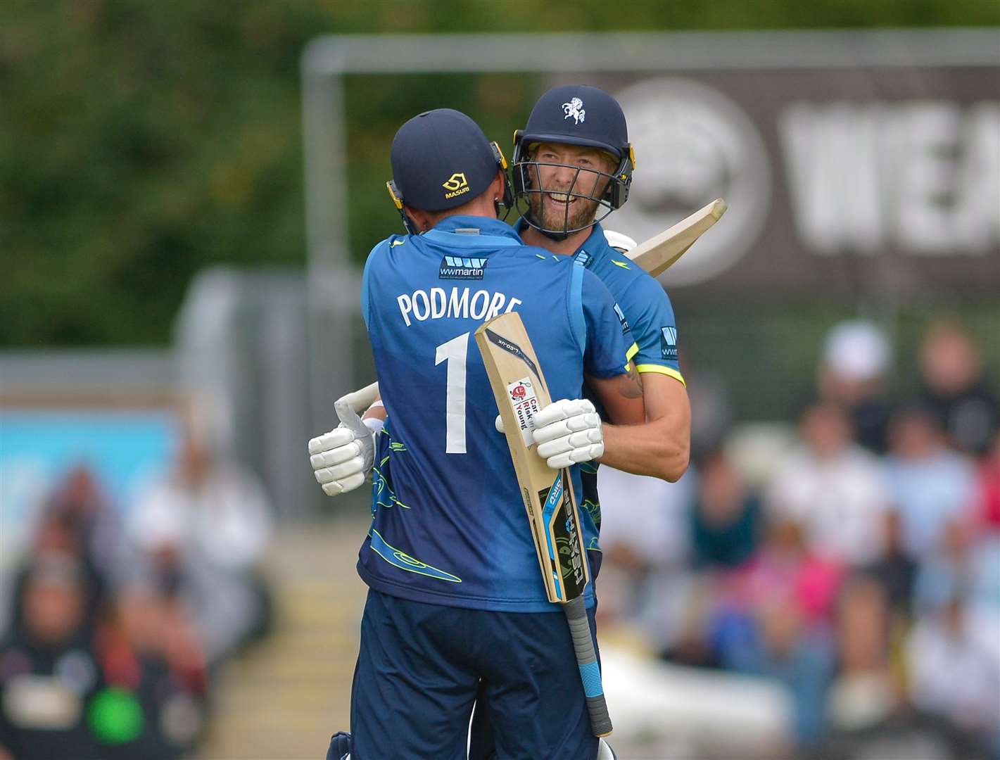 Kent's Calum Haggett and Harry Podmore celebrate seeing them over the line. Picture: Ady Kerry.