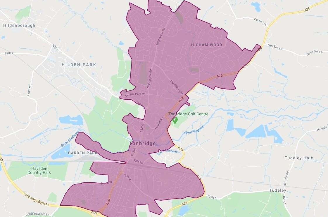 The extent of the new 20mph zone to be implemented in Tonbridge and surrounding areas