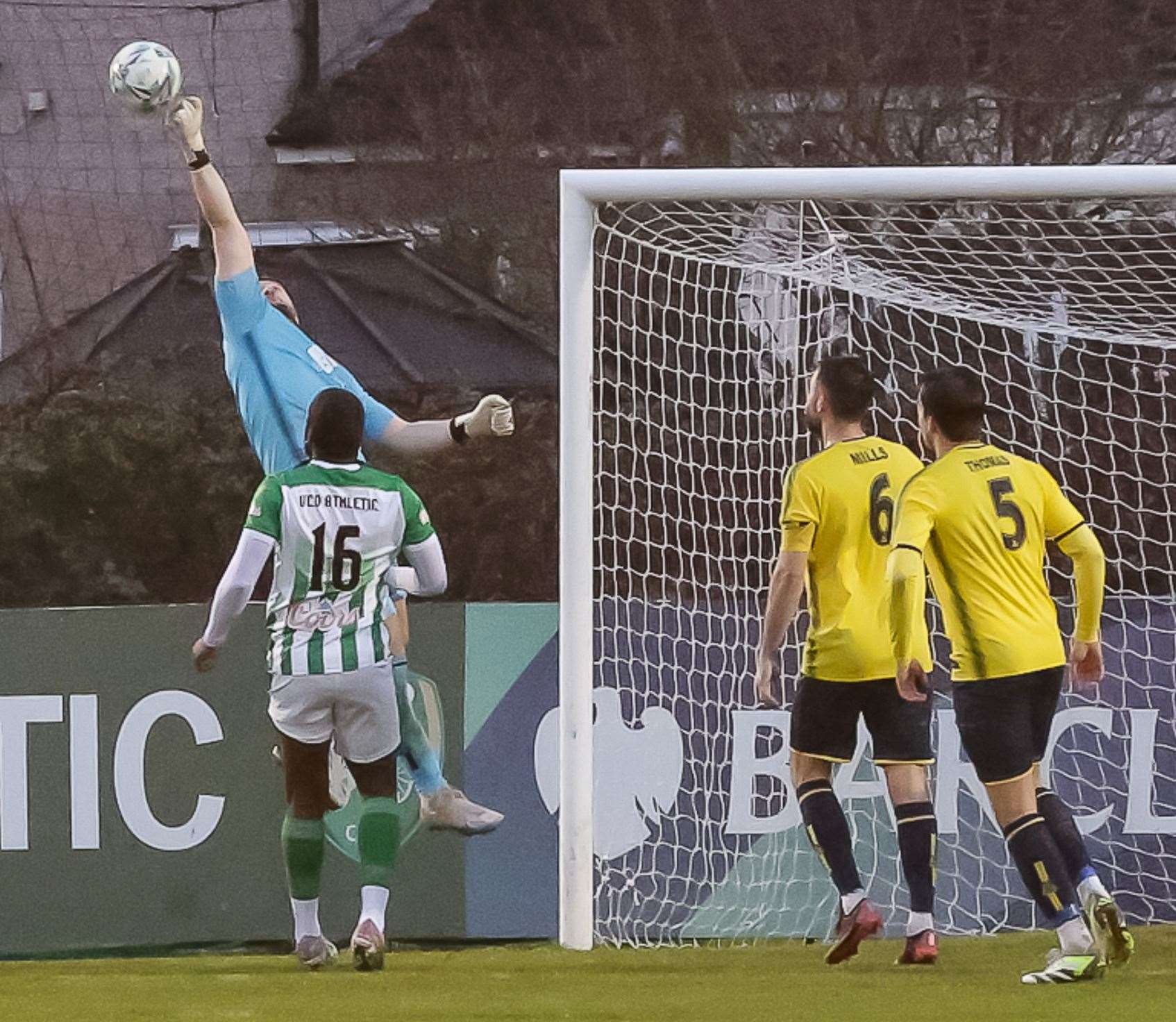 Goalkeeper Jordan Perrin punches away to preserve his clean sheet in Whitstable’s 1-0 victory at VCD last month. Picture: Les Biggs