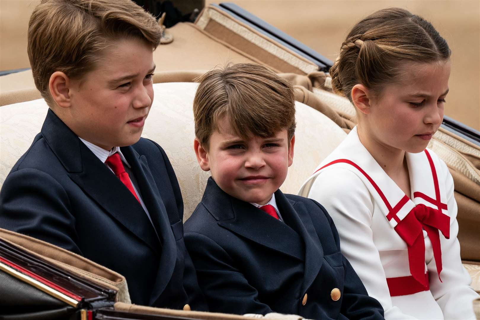 (Left-right) Prince George, Prince Louis and Princess Charlotte at Horse Guards Parade, central London, as the King celebrates his first official birthday since becoming sovereign (Aaron Chown/PA)