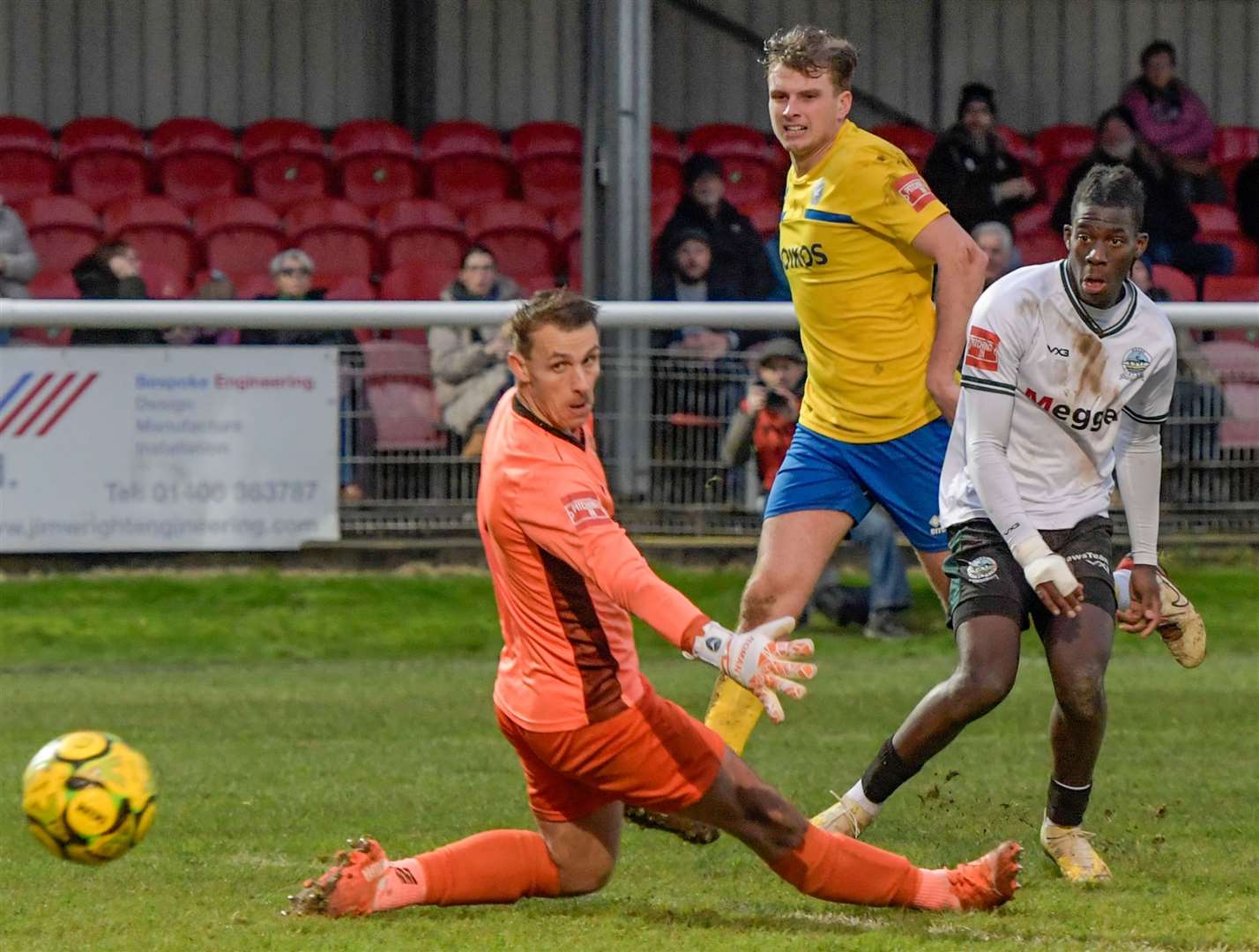 Ruben Soares-Junior puts the ball past Bobby Mason to put Dover on the scoresheet in last weekend’s 3-2 Isthmian Premier home win over Canvey Island. Photo: Stuart Watson