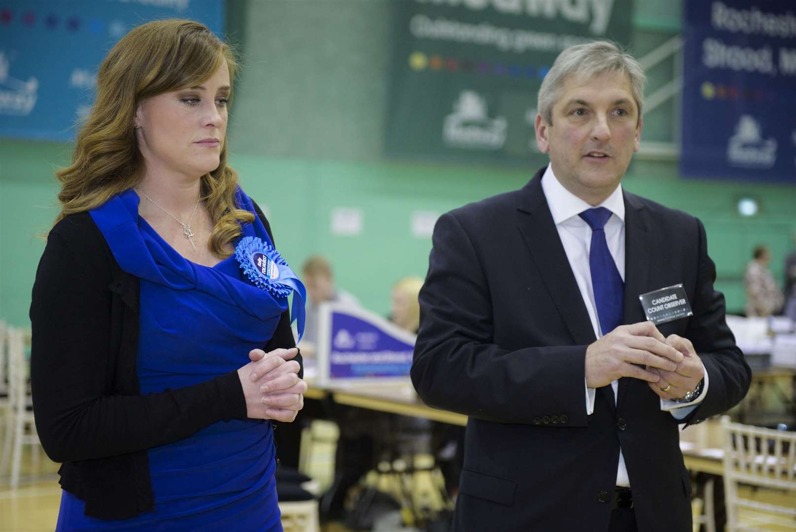 Kelly Tolhurst with Andrew Mackness, chairman of Rochester and Strood Conservatives at the count which she had to wait outside while Nigel Farage spoke to the press